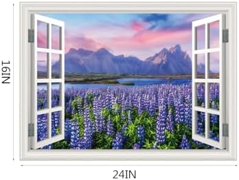 Fake Window Wall Decal- Mountain Lake Lavender Flower Open Wall Art Sticker | Faux Window Natural Scenery Landscape Mural｜Stick and Peel Wall Decals｜for Home Room Bedroom Office Scene Decor｜24"x16" - Image 2