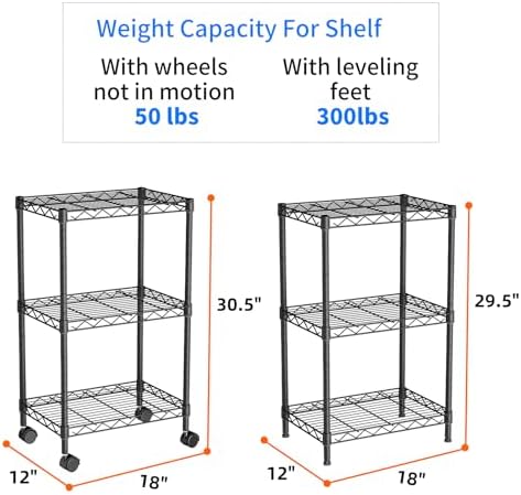 Golpart Small Shelves Storage Wire Metal Adjustable Shelf Unit with Wheels - Image 3
