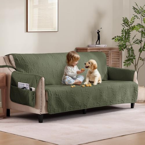 Quilted Olive Green Sofa Slipcovers with Pockets, Anti-Slip Medallion Couch Covers for 3 Cushion Sofa, Couch Cover for Dogs Cats Water-Repellent Machine Washable (Large Sofa 68", Olive Green) by Pamhaven