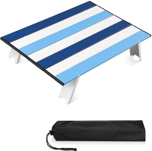 CroBlissful Beach Table Folding Camping Portable Table Striped White Aluminum Side with Carry Bag for Summer Camping Picnics and Outdoor Activities(22x16x5 in,Navy Blue) by CroBlissful