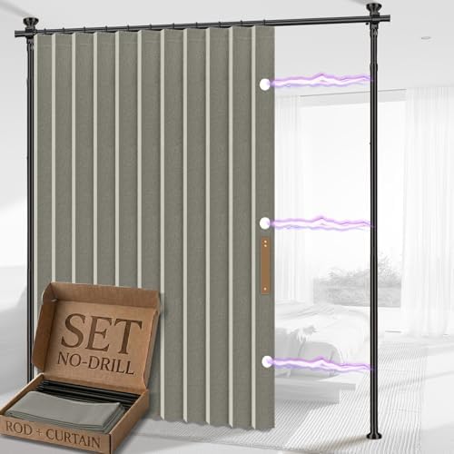 AJAZZ Privacy Curtains for Room Divider with Blackout & Soundproof (Grey, W100 x L96 in, 1 Panel)+ No Drill Curtain Rods(H) 43-120×(W) 35-100 in, Wall Divider for Bedroom/Studio/Office Curtain by AJAZZ