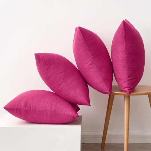 MIULEE Pack of 4 Decorative Outdoor Throw Pillow Covers Linen Waterproof Pillow Covers Farmhouse Cushion Cases for Patio Garden Tent Balcony Couch Sofa 18x18 inch Hot Pink - Image 6
