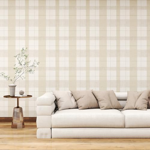 Timeet Modern Peel and Stick Wallpaper Plaid Wallpaper Brown Beige Boho Contact Paper Waterproof Self Adhesive Removable Textured Wall Paper for Bedroom Bathroom Cabinets Wall Decor Vinyl 17.3" x 200" - Image 4