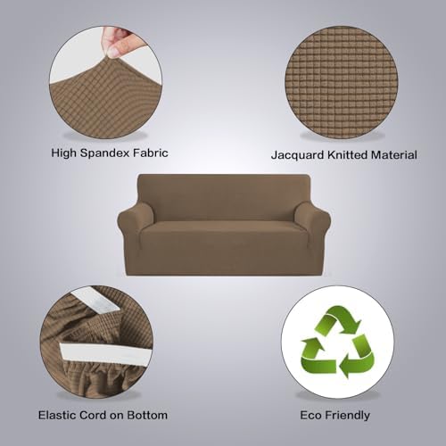 H.VERSAILTEX Stretch Couch Covers for Sofa 1 Piece Slipcovers for Couches and Sofas 3 Seater Couch Cover Feature Thick Checked Jacquard Fabric with Elastic Bottom(Large Sofa 90"-100" Wide, Macchiato) - Image 4