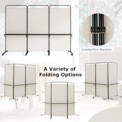 Giantex 3 Panel Room Divider with Wheels and Shelves, 103" W x 74" H Folding Privacy Screen, Rolling Partition Separator for Home Office Studio, Fabric Wall Divider for Room Separation (Beige) - Image 7
