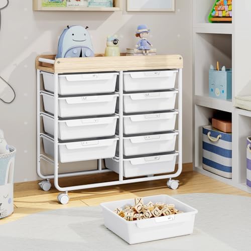10 Drawers Rolling Cart with Wooden Tabletop, Utility Storage Cart with Wheels, Art Supply Craft Organizer on Wheel with Metal Frame & Handles for Home Office School (Pure White) - Image 2