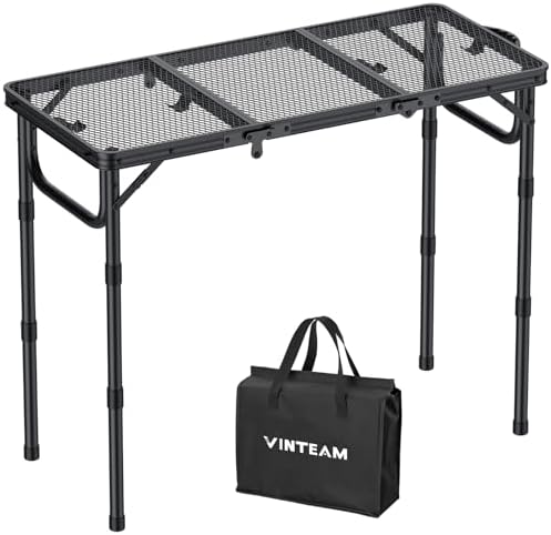 VINTEAM Folding Grill Table with Mesh Top, 3 Adjustable Heights, Lightweight Portable Camping Table, Black Aluminum Alloy BBQ Picnic Table for Outdoor Cooking, Tailgating, Beach, RV & Backyard by VINTEAM