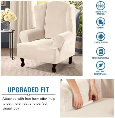 H.VERSAILTEX Wingback Chair Covers Velvet Plush Wing Chair Slipcover 1 Piece High Stretch Wing Back Chair Slipcovers Sofa Cover Furniture Cover with Elastic Bottom, Ivory - Image 4
