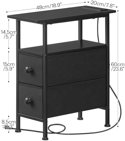 HOOBRO End Table with Charging Station, Narrow Side Table with 2 Fabric Drawers, Skinny Nightstand with Storage, Slim Bedside Table for Bedroom, Living Room, Small Spaces, Black BB487UBZ01 - Image 3