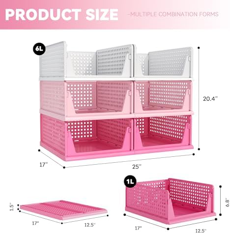 Pink Girl Closet Organizers and Storage Stackable Plastic Drawer Basket for Clothing Stackable Storage Bins Shelf Storage Container for RV Closet Wardrobe Bedroom Bathroom Playroom 6 Pack - Image 3