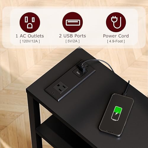 Narrow Side Table with Charging Station, Slim End Table with Magazine Rack, Bedside Table for Small Spaces, 3 Tier Sofa Couch Table Nightstand for Living Room, Bedroom, Black LET503BE - Image 4