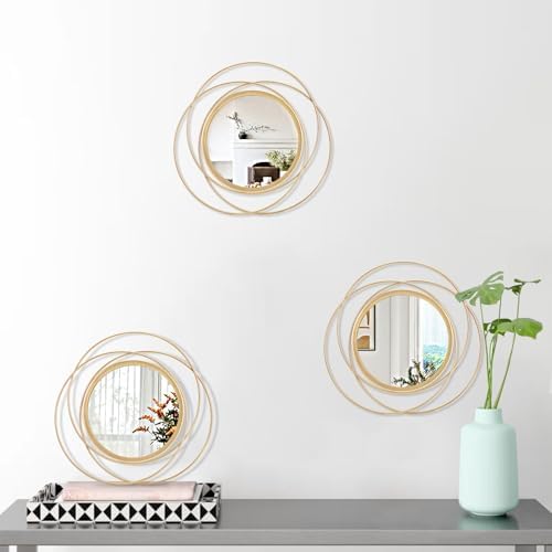 3 Set Gold Circle Mirrors for Wall Decor - Metal Art Small Round Mirror Sets - Hanging Wall Sculpture for Bedroom, Living Room, Entryway 12'' - Image 2