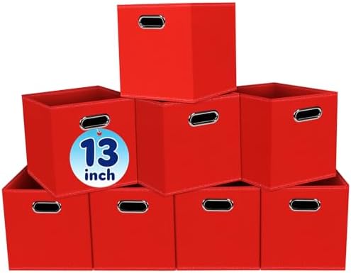 Fabric Cubby Storage Bins,13x13x13 Inches,Cube Organizer Bin Foldable Storage Boxes with Dual Handles Fabric Organizer Box and collapsible Storage basket,Set of 8,Red by Yunkeeper