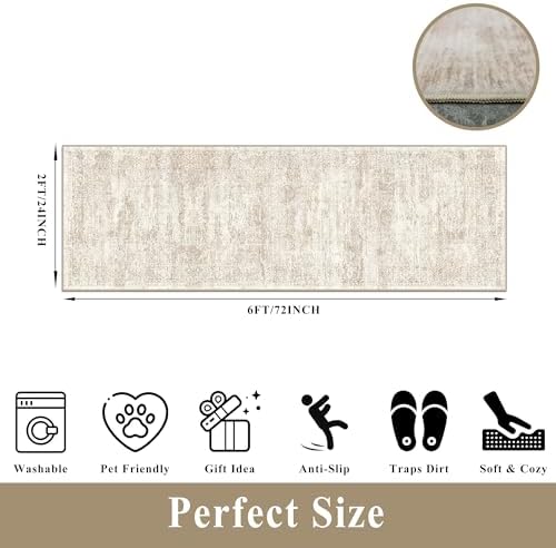 2x6 Runner Rug Hallway Washable, Non Slip with Rubber Backing Carpet for Kitchen Bathroom Neutral Moroccan Vintage Oriental Distressed Area Rugs for Bedroom Laundry Room Entry Entryway, Cream/Beige - Image 2