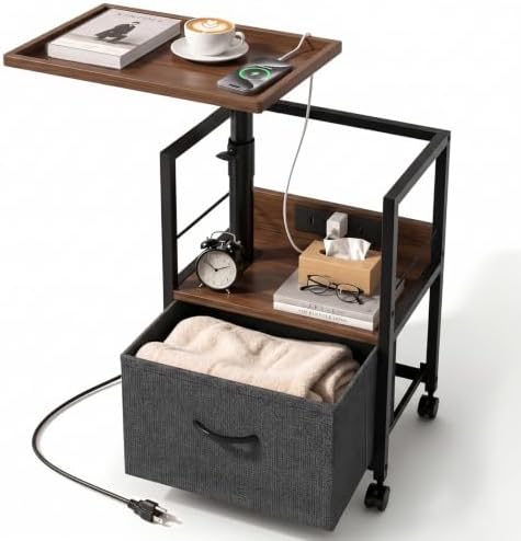 Faesun Swivel Lift Top Nightstand with Charging Station, Rolling Night Stand with Fabric Drawer, Adjustable Bedside Table for Bedroom, Living Room, Walnut Gray, Pro by Faesun