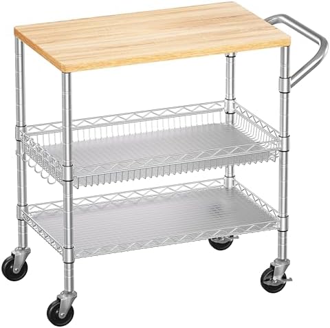 WDT 3 Tier Rolling Kitchen Carts with Wheels, Heavy Duty Rolling Utility Cart with Wood Tabletop, Commercial Grade Metal Cart with Handle and Hooks, NSF Storage Serving Island Carts, Light Wood+Metal by WDT