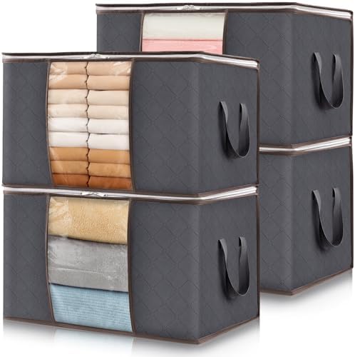 Lifewit 4 Pack 60L Clothes Storage Bins with Lids, Foldable Blanket Storage Bags with Zippers, Clear Window and Reinforced Handles, Closet and Organization for Clothing, Sweater, Comforter, Bedding by Lifewit