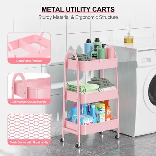 EAGMAK 3 Tier Utility Rolling Cart, Metal Storage Cart with Handle and Lockable Wheels, Multifunctional Storage Organizer Trolley with Mesh Baskets for Kitchen, Living Room, Office, Garage (Pink) - Image 2