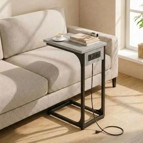 TEMI C Shaped End Table for Couch with Charging Station, Small Side Table TV Tray for Eating or Laptop, Accent Desk for Sofa or Chair, Space Saving Living Room Bedroom, Greige by TEMI
