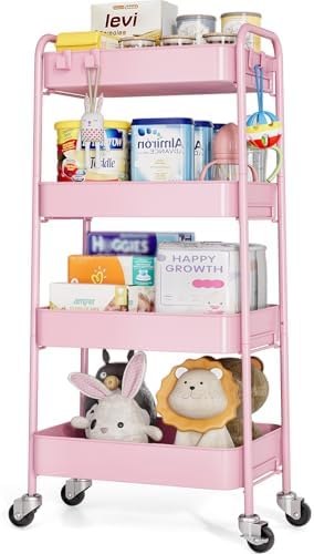 TOOLF 4 Tier Metal Rolling Cart, Utility Storage Cart with Wheels, Pink | Screwless Assembly, Lockable Metal Wheels, Trolley Organizer for Bathroom, Kitchen, Office, Dorm, Laundry, Craft Room by TOOLF