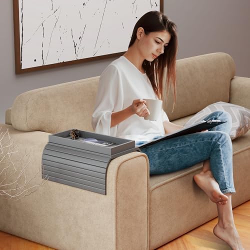 Bestjing 2 in 1 Bamboo Sofa Armrest Tray Table for Couch (Gray) - Image 6
