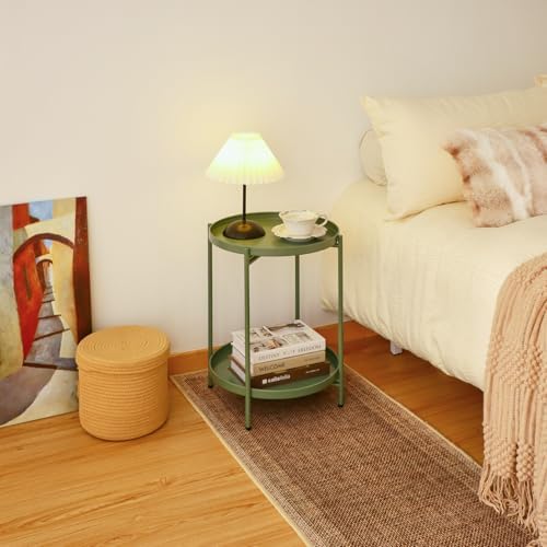 2-Tier Round End Side Table, Small Metal Side Table with Removable Tray, Folding Accent Tables for Living Room, Balcony, Nightstand for Bedroom, Outdoor Tables for Patio, Sage Green - Image 6