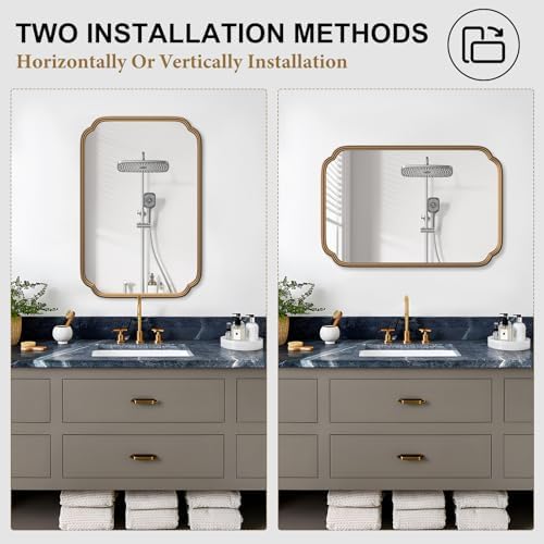 Ferytange Gold Bathroom Mirror for Wall 20" x 30" Modern Rounded Corner Rectangle Mirror with Non-Rusting Iron Metal Framed Bathroom Vanity Mirror for Over Sink Wall Decor(Horizontal/Vertical) - Image 4