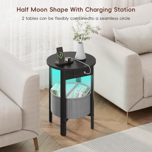 Vagusicc Round Side Table with Charging Station, Round End Table with Fabric Basket, Accent Table Coffee Table, Set of 2 Half Moon Tables, Bedside Table, Modern LED Nightstand for Living Room, Black - Image 6