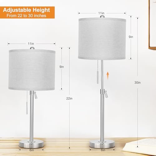 Qingmiao Table Lamps for Bedrooms Set of 2, 22" to 30" Height Adjustable Nightstand Lamps with Linen Shade, Pull Chain Switch Lamps for Living Room, 3 Way Dimmable Bedside Lamp - Image 2