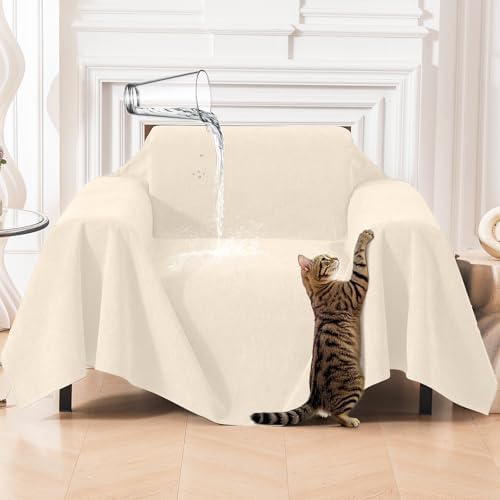 Deep Dream Cat-Scratch Resistant Armchair Couch Cover, Waterproof Sofa Cover for Dogs, Pet Friendly Couch Protectors Anti Slip Thickened Slipcovers for Dogs Pets, 71" x 91", Beige by DeepDream