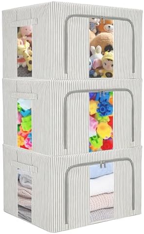 3 Pack Clothes Storage Bins, Foldable Metal Frame Storage Box with Lids,Stackable Linen Fabric Organizer Set with Carrying Handles,Zippers,and Clear Window (Grey Stripe, 66L) by Biyoeepeelstickwallpaper