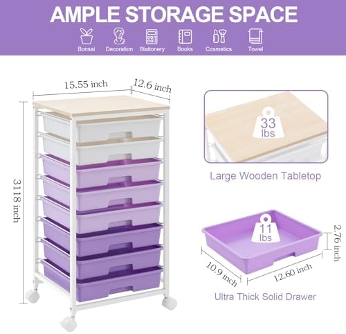 SYKIARIOL Rolling Cart with Drawers,8 Drawers Storage Cart,Purple - Image 2