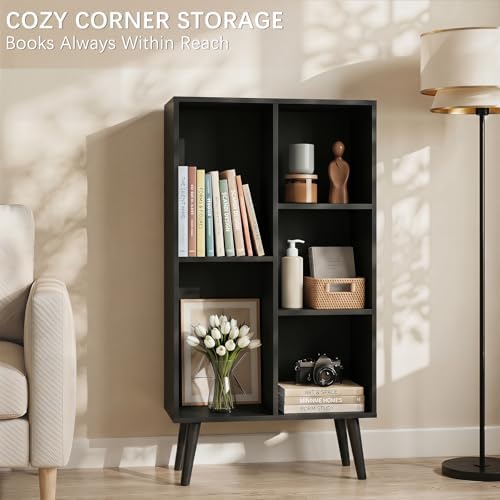 YAHARBO Small Black Narrow Bookshelf,3 Tier Modern Bookcase with Legs,Bookshelves Wood Storage Shelf,Rustic Book Shelves Cube Organizer,Display Bookcase - Image 5