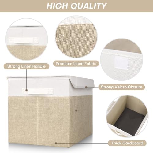 Bagnizer Large 42 Quarts Fabric Storage Bins with Lids [2-Pack] Linen Collapsible Foldable Baskets, Closet Organizer Containers boxes with Handles for Home Office (16.7 x 12 x 12, Beige & White) - Image 4