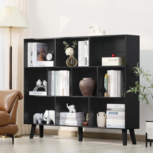 YAHARBO 10 Cube Large Bookshelf,3 Tier Bookcase with Legs,Black Mid-Century Modern Bookshelves,Wide Free Standing Open Storage Organizer Shelf,Tall Wooden Book Case Furniture for Living Room,Office - Image 2