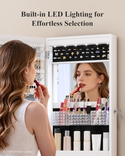 LVSOMT 42.5" Wall Mounted Jewelry Organizer with LED Mirror, White - Image 6