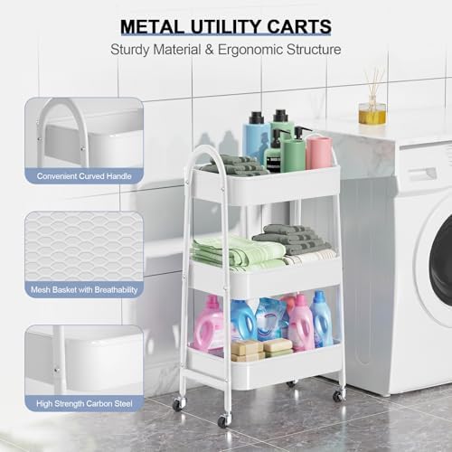 EAGMAK 3 Tier Utility Rolling Cart, Metal Storage Cart with Handle and Lockable Wheels, Multifunctional Storage Organizer Trolley with Mesh Baskets for Kitchen, Living Room, Office, Garage (White) - Image 2