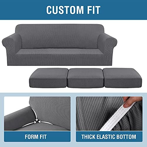 H.VERSAILTEX 4 Piece Stretch Sofa Covers for 3 Cushion Couch Covers for Living Room Furniture Slipcovers (Base Cover Plus 3 Seat Cushion Covers) Upgraded Thicker Jacquard Fabric (XL Sofa, Grey) - Image 4