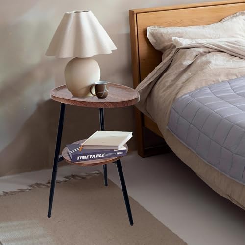 Side Table Small End Table, Oval Round Wood Sofa Table, 2 Tier Accent Table Nightstand Bedside Table with Metal Frame for Living Room, Bedroom, Small Spaces (Rustic Brown) - Image 4