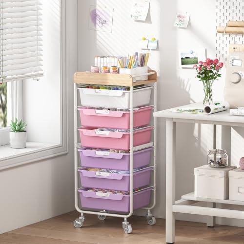 SYKIARIOL Utility Cart with 6 Labeling Drawers and Wooden Tabletop - Image 2