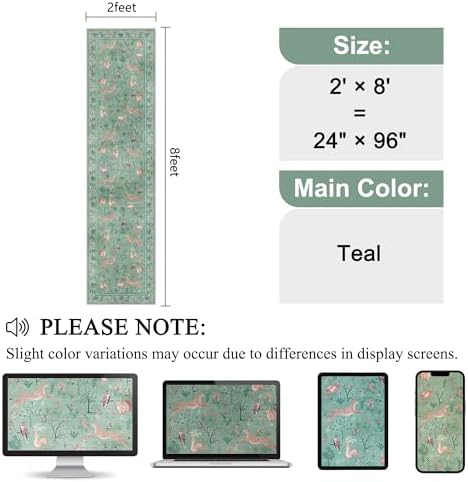 DUKINO 2x8 Washable Runner Rug, Non Slip Animal Kitchen Runner Rug, Teal - Image 2