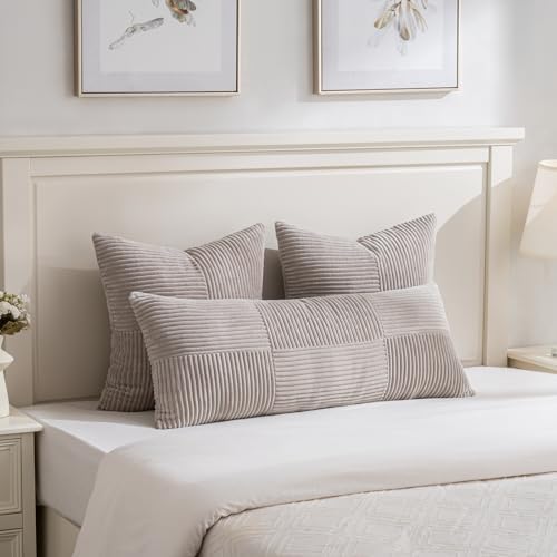 Fancy Homi Set of 2 Neutral Taupe Boho Long Lumbar Body Decorative Throw Pillow Cover 14x36 Inch for Bed Couch Bedroom Bench, Soft Patchwork Corduroy Textured Pillow Case, Farmhouse Room Decor - Image 2