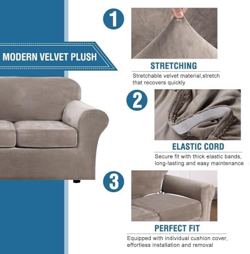 H.VERSAILTEX Real Velvet Plush 3 Piece Stretch Sofa Covers Couch Covers for 2 Cushion Couch Sofa Slipcovers Width Up to 90 Inch Feature Thick Soft Stay in Place (Large Sofa, Taupe) - Image 3