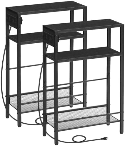 HOOBRO Small Narrow Side Table with Charging Station Set of 2, Skinny End Table for Small Spaces, Slim Nightstand with USB Ports Outlet, Sofa Beside Table with Storage Shelf BB102UBZP201 by HOOBRO