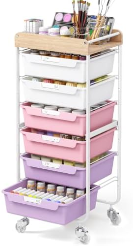 SYKIARIOL Utility Cart with 6 Labeling Drawers and Wooden Tabletop by SYKIARIOL