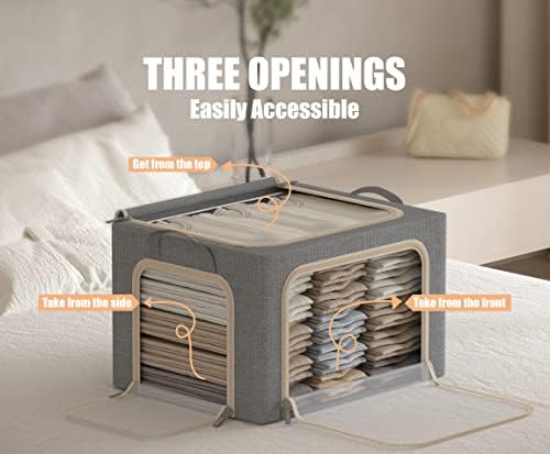 3 Openings Large Clothes Storage Bins with Metal Frame, Foldable Storage Bin for Clothes, Clothing Storage Bins with Lid, Linen Storage Box With Clear Window＆ Zippers＆ Handles.(3 Pcs,Light Grey,66L) - Image 3