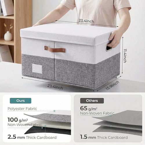 PRANDOM Storage Bins with Lids [3-Pack] Linen Fabric Foldable Storage Boxes Organizer Containers Baskets Cube with Cover for Bedroom Closet Office Grey&White (23.4X15.9X11.4) - Image 3