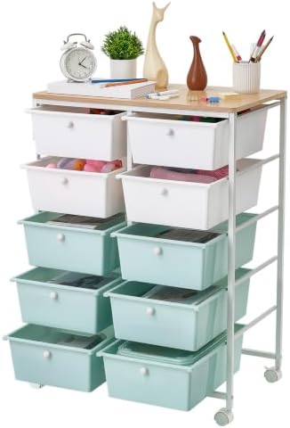 VEVOR Rolling Cart with Drawers, Double Row 10 Drawer Storage Organizer, Mobile Utility Cart, Wood Top, Steel Frame, Universal Casters & 2 Brakes, for Office, Classroom, Craft Room, Studio, Blue White by VEVOR