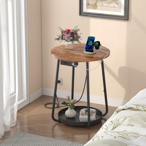 sthmec Small Round Side End Table with Storage and Charging Station, 2 Tier Round Bedside Sofa Couch Coffee Tables with Tray, Metal Nightstand for Small Spaces, Living Room Bedroom, Rustic Brown - Image 6