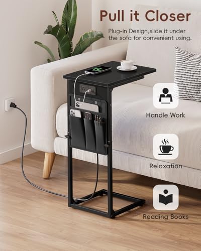 Vagusicc C-Shaped End Tables Set of 2 with Charging Station, 33'' Tall C Table Adjustable Height Side Table, Sofa Table for Couch, Couch Table that Slide Under Sofa, TV Trays for Living Room, Black - Image 7